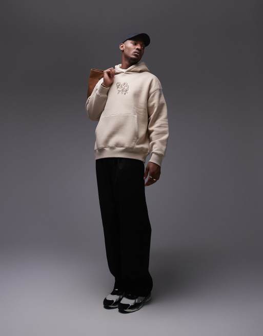 Topman – Oversize-Kapuzenpullover in Steinbeige mit Rosenstickerei auf Vorder- und Rückseite, 4 von 4