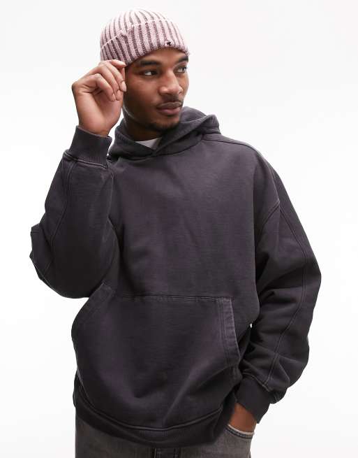 Topman – Oversize-Kapuzenpullover in verwaschenem Schwarz mit Ziernaht