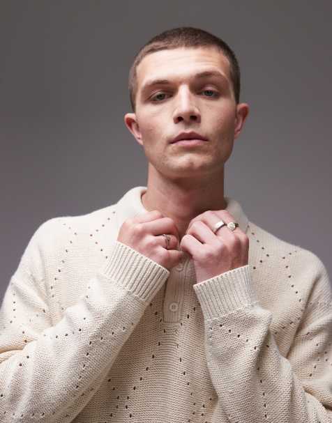 Topman – Oversize-Polohemd aus Pointelle-Strick in Cremeweiß mit Rautenmuster - view 1