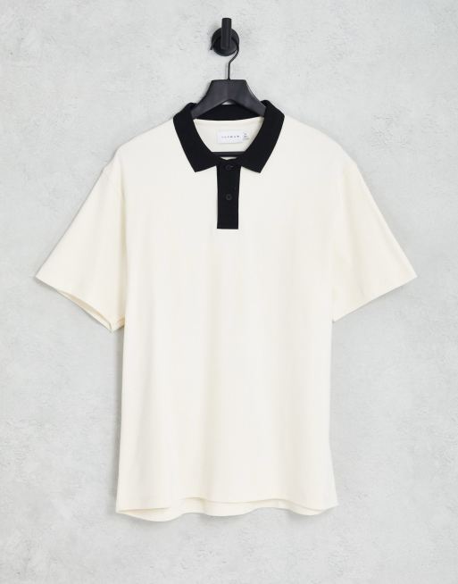 Topman – Oversize-Polohemd in Ecru mit farblich abgesetzter Knopfleiste