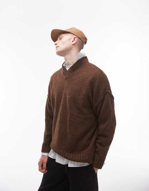 Topman – Oversize-Pullover in Braun mit V-Ausschnitt und Ziernaht - view 1