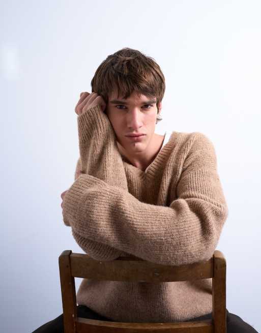 Topman – Oversize-Pullover in Steinbeige mit V-Ausschnitt, 3 von 5