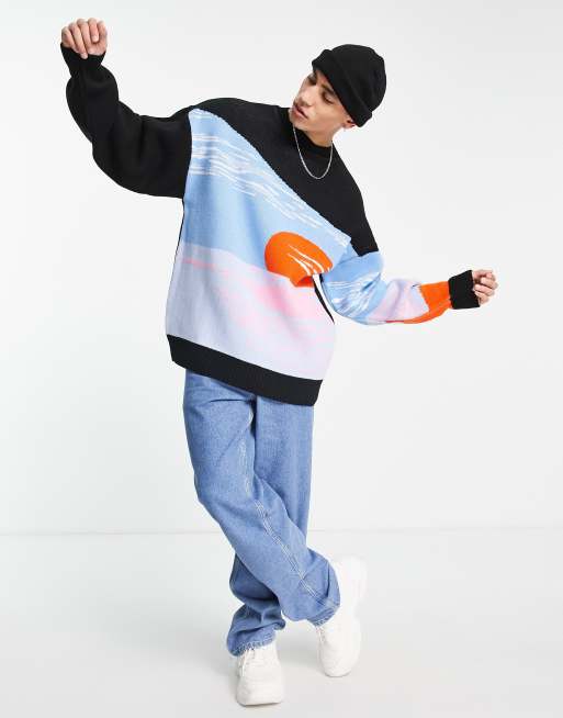 Topman – Oversize-Pullover mit Rundhalsausschnitt in Schwarz mit Sonnenuntergangsmotiv