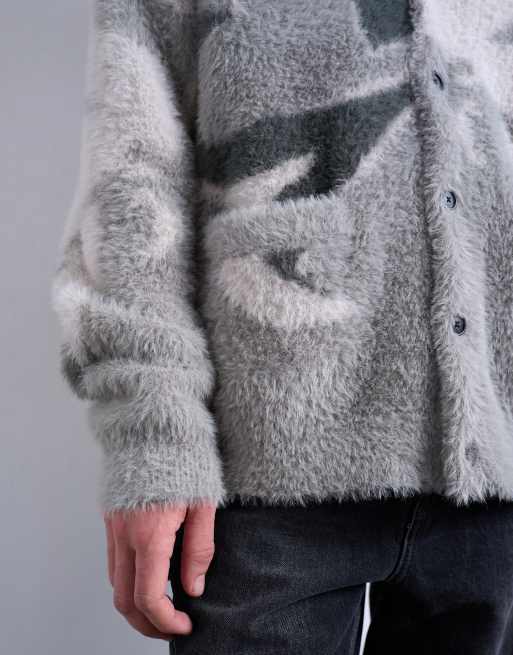 Topman – Oversize-Strickjacke in Grau mit Military-Muster, 3 von 5