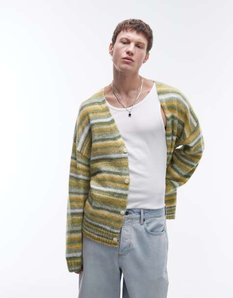 Topman – Oversize-Strickjacke in Grün und Gelb gestreift - view 1