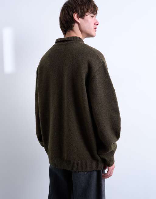 Topman – Oversize-Strickjacke in Khaki mit durchgehender Knopfleiste, 4 von 5