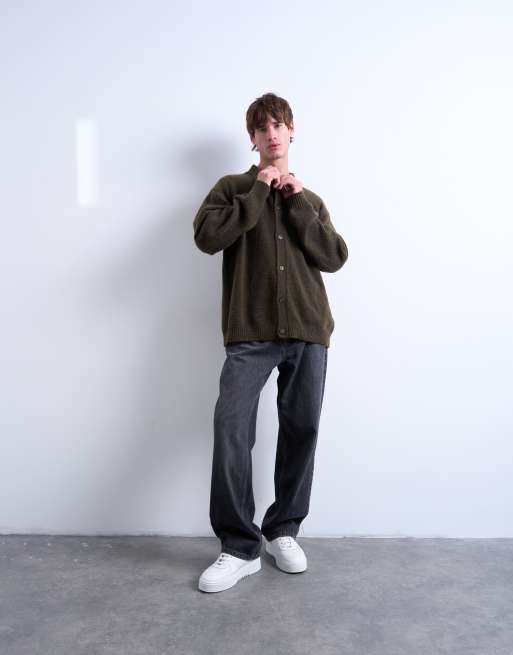 Topman – Oversize-Strickjacke in Khaki mit durchgehender Knopfleiste, 5 von 5