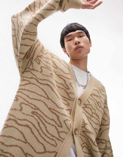 Topman – Oversize-Strickjacke in Stone mit linearem Design
