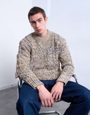 Oversize-Strickpullover in meliertem Gelb mit Zopfmuster-Grau Grau XL