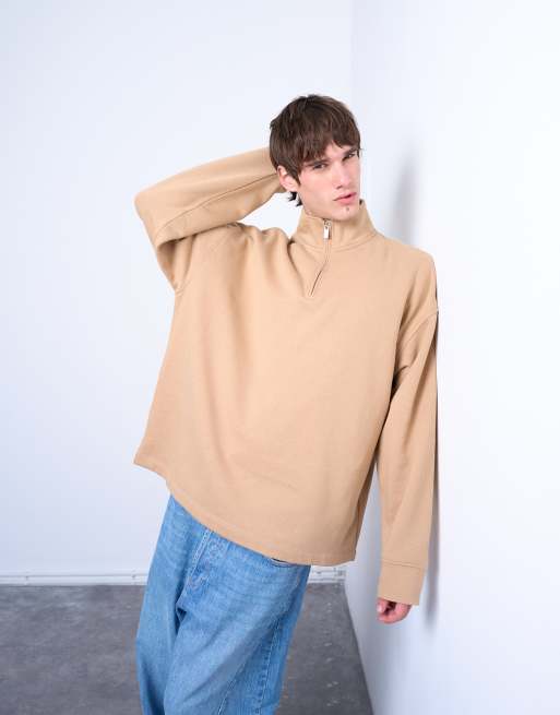 Topman – Oversize-Sweatshirt aus schwerem Stoff in dunklem Steinbeige mit kurzem Reißverschluss, 5 von 5