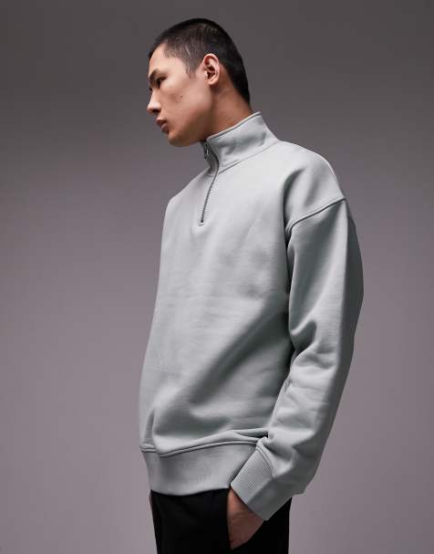 Topman – Oversize-Sweatshirt aus schwerem Stoff in Salbeigrün mit kurzem 1/4-Reißverschluss - view 1