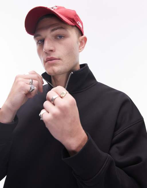 Topman – Oversize-Sweatshirt aus schwerem Stoff in Schwarz mit kurzem 1/4-Reißverschluss, 3 von 4