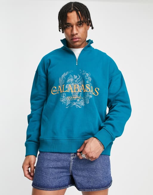 Topman – Oversize-Sweatshirt in Grün mit kurzem Reißverschluss und Calabasas-Print