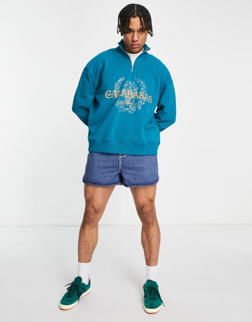 Topman – Oversize-Sweatshirt in Grün mit kurzem Reißverschluss und Calabasas-Print, 2 von 4