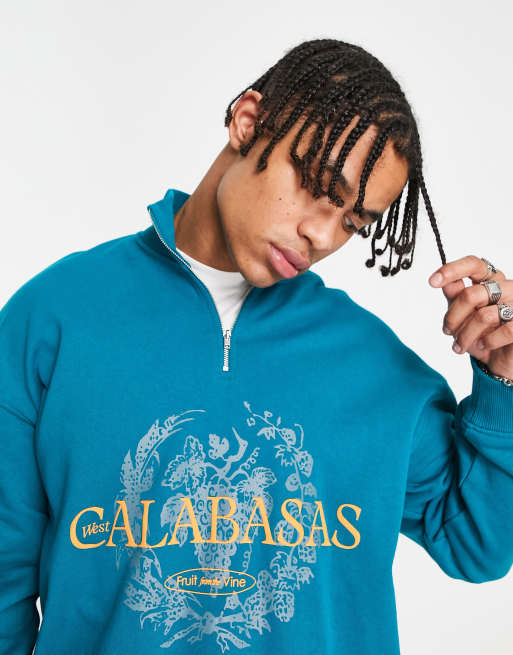 Topman – Oversize-Sweatshirt in Grün mit kurzem Reißverschluss und Calabasas-Print, 3 von 4
