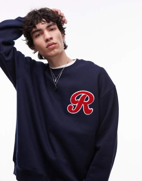 Topman – Oversize-Sweatshirt in Marineblau mit aufgesticktem Buchstaben aus Chenille - view 1
