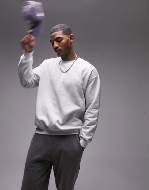 Topman – Oversize-Sweatshirt in meliertem Eisgrau mit Rundhalsausschnitt