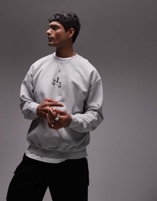 Topman – Oversize-Sweatshirt in meliertem Grau mit gesticktem Waage-Motiv