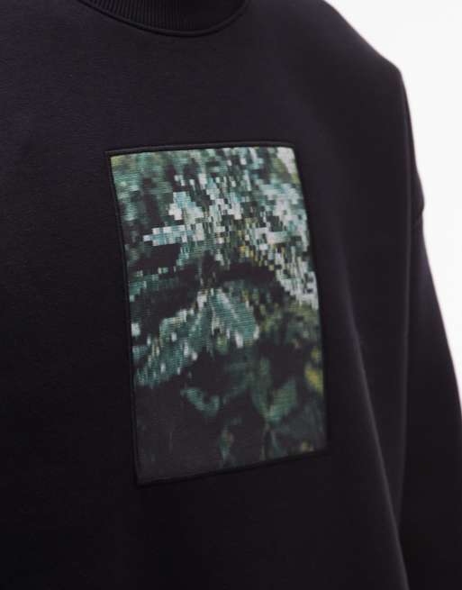 Topman – Oversize-Sweatshirt in Schwarz mit Blätter-Patch-Print, 2 von 4