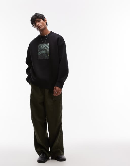 Topman – Oversize-Sweatshirt in Schwarz mit Blätter-Patch-Print, 4 von 4