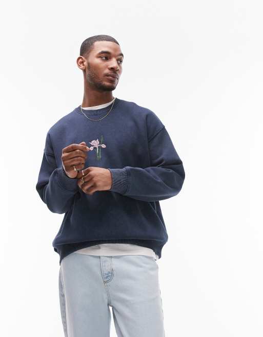 Topman – Oversize-Sweatshirt in verwaschenem Navy mit Blumenstickerei