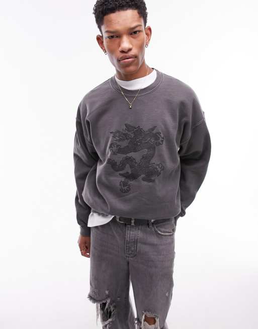 Topman – Oversize-Sweatshirt in verwaschenem Schwarz mit Drachen-Stickerei