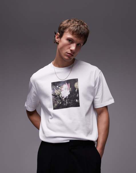Topman – Oversize-T-Shirt aus hochwertigem Material in Weiß mit großem Foto-Blumenmotiv - view 1