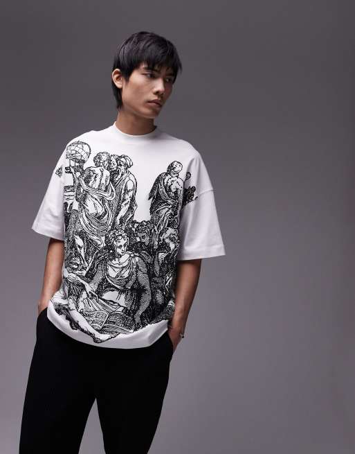 Topman – Oversize-T-Shirt aus sehr robustem Stoff in Ecru mit großflächigem Astrologen-Print und extremer Oversize-Passform
