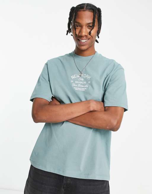 Topman – Oversize-T-Shirt in Blaugrün mit „New York“-Stadtteil-Stickerei