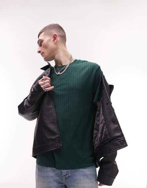 Topman – Oversize-T-Shirt in Dunkelgrün mit strukturiertem Streifenmuster