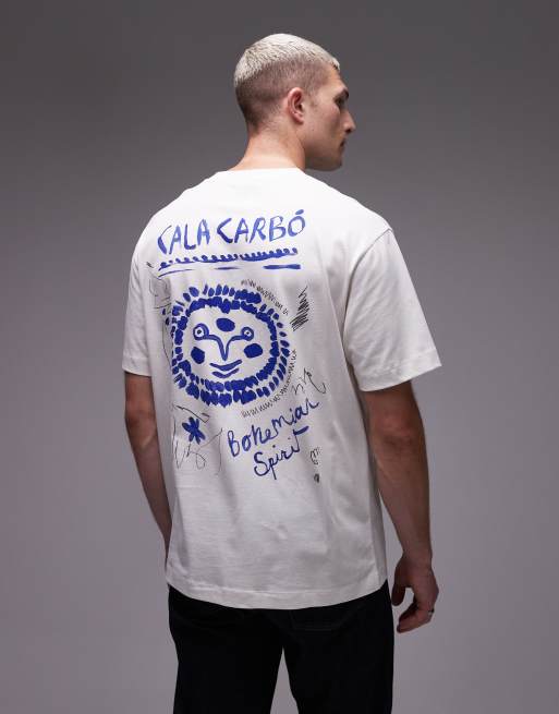 Topman – Oversize-T-Shirt in Ecru mit „Cala Carbo“-Print auf Vorder- und Rückseite