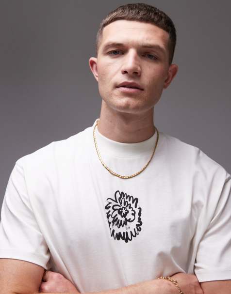 Topman – Oversize-T-Shirt in Ecru mit gemaltem Blumen-Print auf Vorder- und Rückseite - view 1