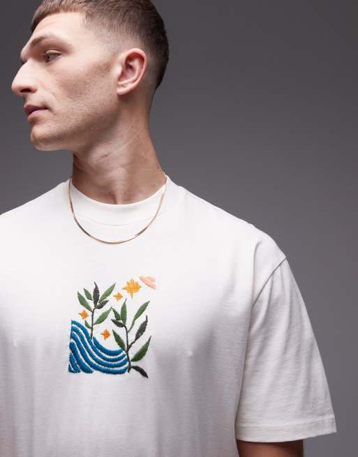 Topman – Oversize-T-Shirt in Ecru mit Landschafts-Stickerei