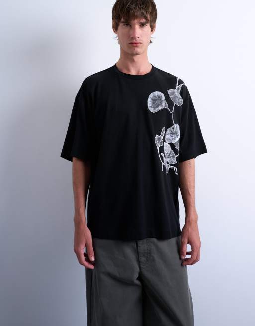 Topman – Oversize-T-Shirt in Schwarz aus Interlock mit Blumenstickerei