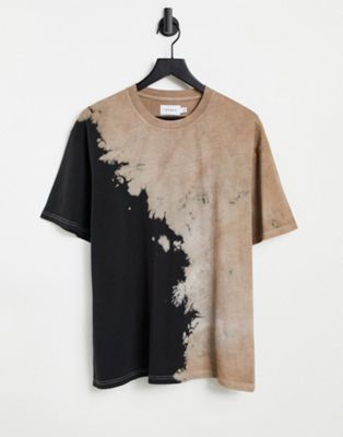 Topman – Oversize-T-Shirt in Schwarz und Braun mit Batikmuster