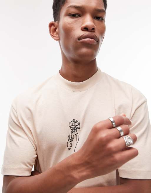 Topman – Oversize-T-Shirt in Stein mit Rosen-Hand-Stickerei