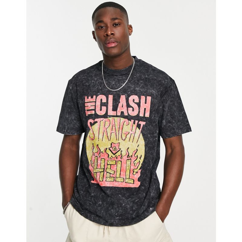 Topman – Oversize-T-Shirt in verwaschenem Schwarz mit „The Clash-Print