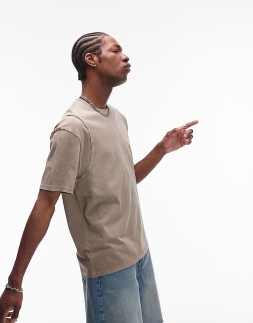 Topman – Oversize-T-Shirt in verwaschenem Stein mit Ziernaht