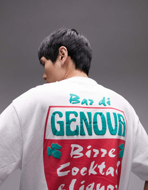 Topman – Oversize-T-Shirt in Weiß mit „Genova“-Print auf Vorder- und Rückseite
