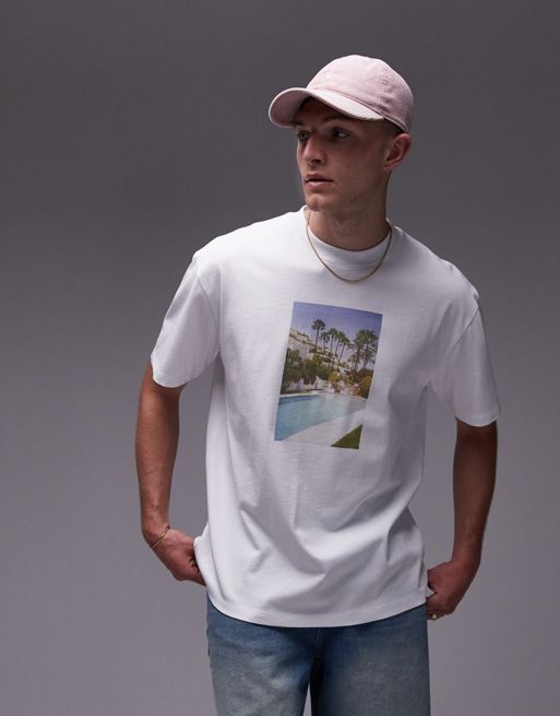 Topman – Oversize-T-Shirt in Weiß mit Pool-Fotoprint