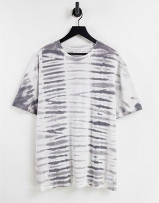 Topman ‑ Oversize-T-Shirt mit Batikmuster und Streifen in Grau