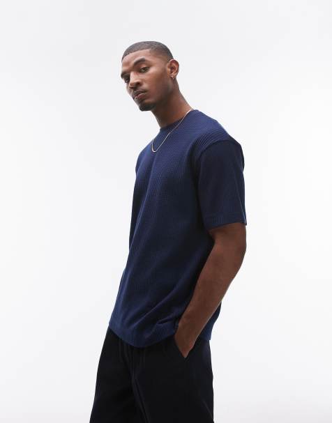 Topman – Oversize-T-Shirt mit Waffelstruktur in Marineblau - view 1