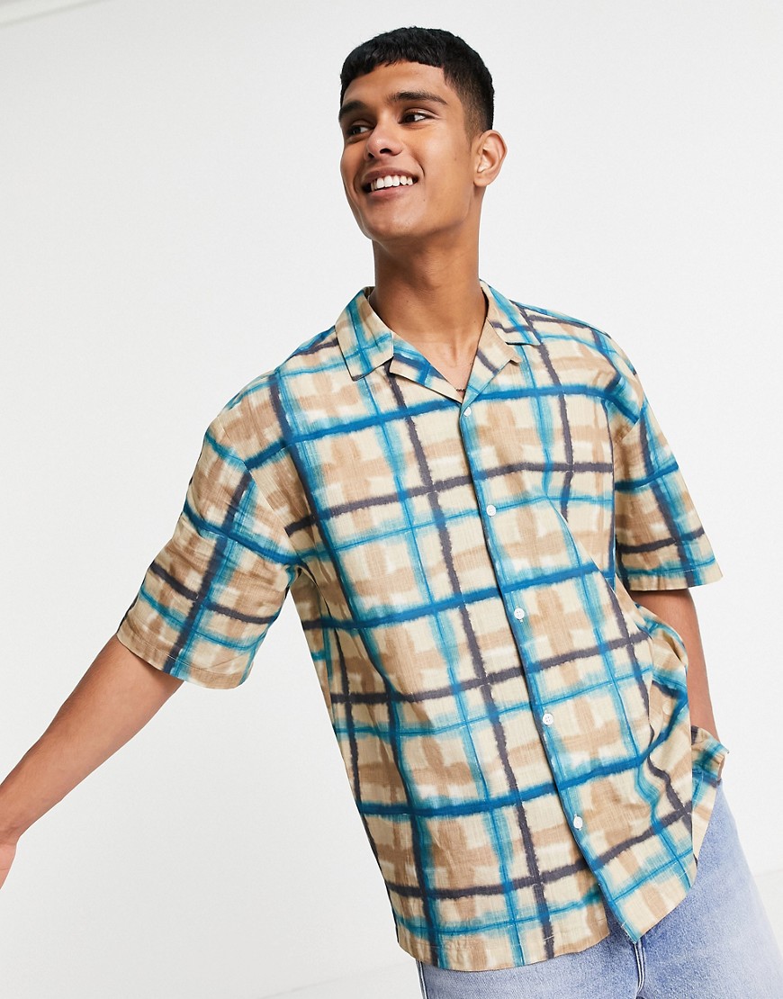 Topman oversize watercolour check shirt in stone and blue