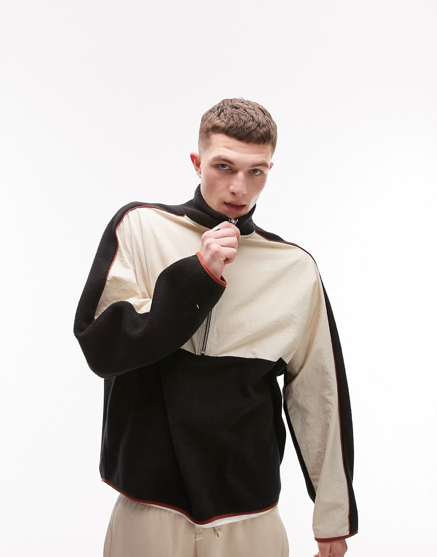 topman oversized 1/4 zip fleece with nylon panel in black