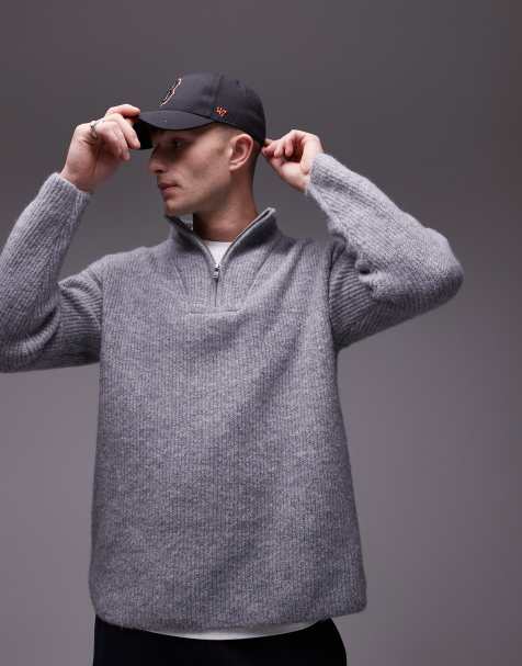 Topman oversized 1/4 zip jumper in grey marl - view 1