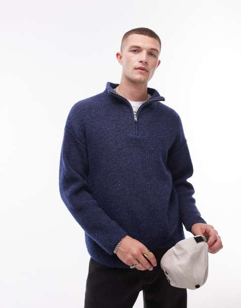 Topman oversized 1/4 zip jumper in navy - view 1