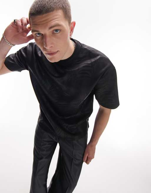 Topman oversized all over animal print faux leather t-shirt in black