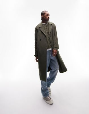 Topman Oversized Belted Wool Coat In Khaki-green