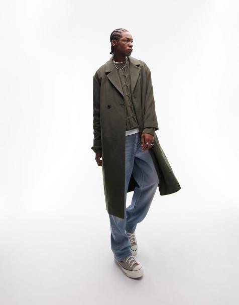 Topman oversized belted wool coat in khaki - view 1