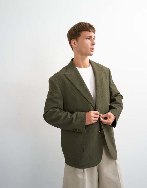 Topman oversized blazer i dekonstrueret seersucker i khaki, 2 af 5